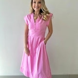 Short Sleeve Pinktuck Zip Midi Dress - Pink