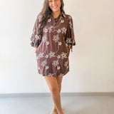 Floral Print Puff Sleeve Dress- Brown