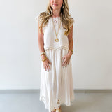 Floral Eyelet Hem Top & Midi Skirt Set - Natural