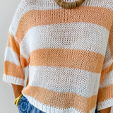 Striped Open Knit Crochet Top - White/Tangerine