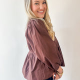 Poplin Peplum Pleated top - Brown