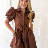 Pull Waist Pleated Mini Dress - Chocolate