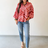 Abstact Print Drop Sleeve Top - Pink-Brown
