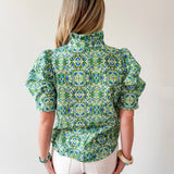 Puff Sleeve Ruffle Neck Top - Green