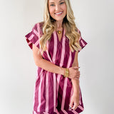 Stripe V Neck Shift Dress - Plum-Pink