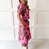 Floral top & Midi Skirt Set- Pink/Brown
