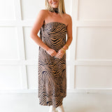 Tiger Print Strapless Midi Dress W/ Scarf Set