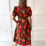 Poppy Print Puff Sleeve Dress - Brown