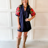 Embroidered Sleeve Denim Dress