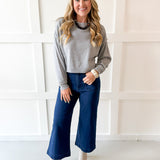Cropped Knit Crew Sweater - Grey