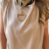 Mock Neck Shoulder Pleated Top - Beige