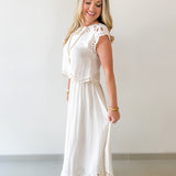 Floral Eyelet Hem Top & Midi Skirt Set - Natural