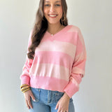 V-neck Stripe Crop Sweater - Pink
