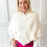 V Neck Cable Knit Poncho- Cream