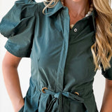 Puff Sleeve Waist Tie Dress - Green