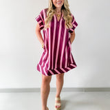 Stripe V Neck Shift Dress - Plum-Pink