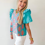 Ruffled Embroiderd Top - Aqua