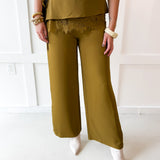 Wide Leg Pants with Lace Overlay - Olive