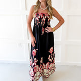 Floral Print Smocked Maxi Dress- Black