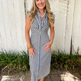 Flutter Sleeve Stripe Dress - Navy/white