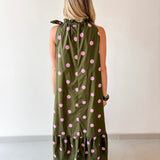 Polka Dot Midi Dress with Ruffled Neck Tie - Olive