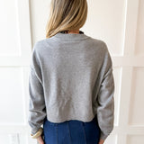 Cropped Knit Crew Sweater - Grey