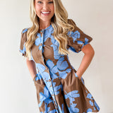 Floral Puff Sleeve Mini Dress - Blue Mocha