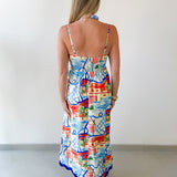 Contrast Trim Printed Midi Dress - Blue