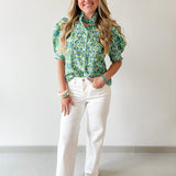 Puff Sleeve Ruffle Neck Top - Green