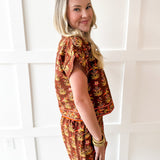 Floral Print Top & Skort Set- Brown