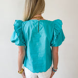 Ruffled Embroiderd Top - Aqua