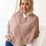 V Neck Cable Knit Poncho- Camel