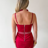 Lace Trim Day to Night Dress - Crimson/White