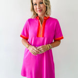 Front Zip Up Solid Casual Dress - Pink