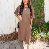 Dolman Sleeve Textured Knit Midi Dress - Mocha