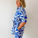 Geo Print Ruffle Neck Shirt Dress