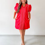 Puff Sleeves Embroidered Shift Dress