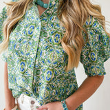 Puff Sleeve Ruffle Neck Top - Green