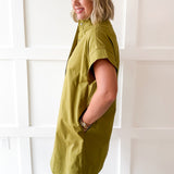 Mini Dress With Hidden Button Placket- Olive