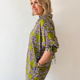 Button Down Tie Sleeve Dress- Olive