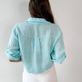 Linen Front Tie Shirt - Aqua