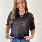 Split Neck Sheer Knit Top - Black