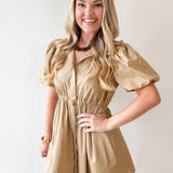 Puff Sleeve Self Tie Mini Dress- Tan