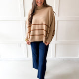Striped Turtleneck Poncho Sweater- Beige