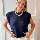 Textured Cotton Vest Top - Navy