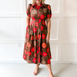 Poppy Print Puff Sleeve Dress - Brown