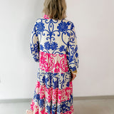 Floral Print Tiered Woven Dress - Pink/Blue