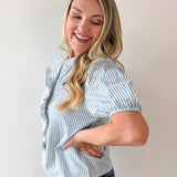 Striped Ruffle Placket Top - Blue