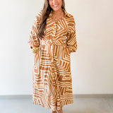 Abstract Print Belted Mini Dress - Tan