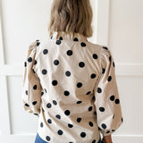 Ruffled Neckline Button Down Polka Dot Top